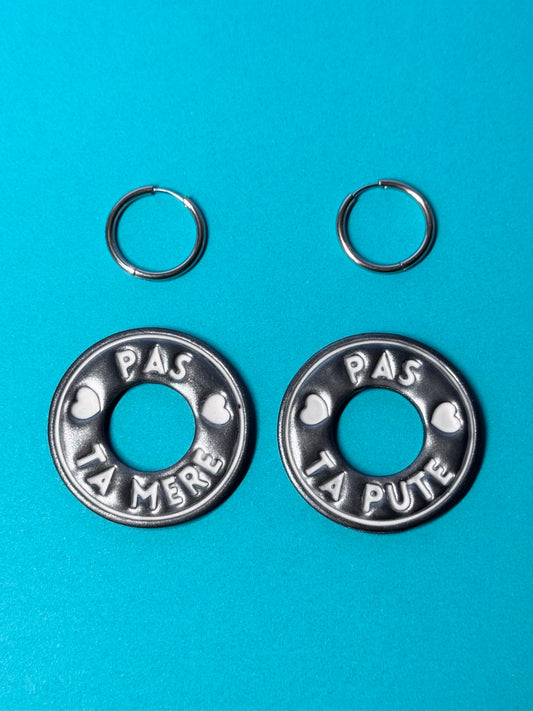 PAMPILLES - "Pas ta pute - Pas ta mère" - argenté et blanc - sans créoles